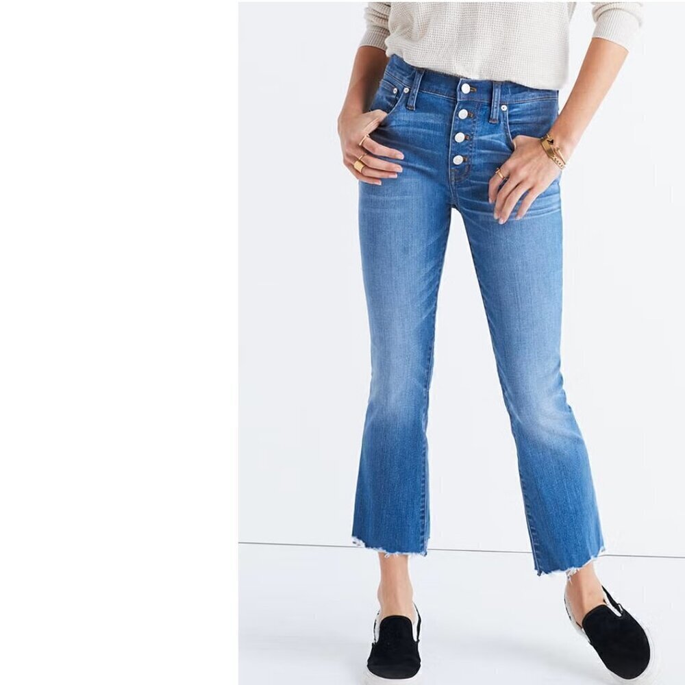 Madewell Cali Demi Boot Cut Denim Buttonfly Comfort Stretch Jeans Chewed Hem